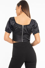 Black Satin Ruched Front Puff Sleeve Crop Top - Selina-Crop Tops