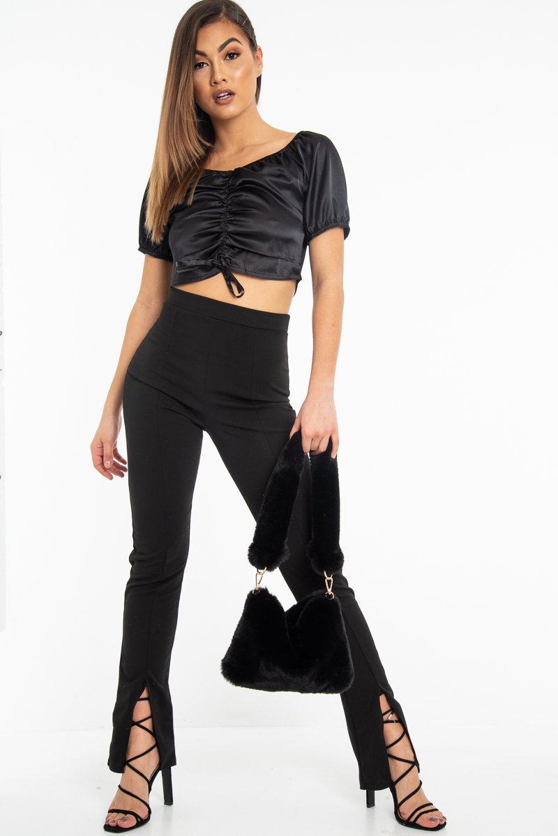 Black Satin Ruched Front Puff Sleeve Crop Top - Selina-Crop Tops