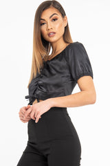 Black Satin Ruched Front Puff Sleeve Crop Top - Selina-Crop Tops