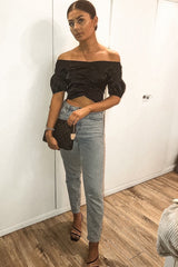Black Satin Ruched Front Puff Sleeve Crop Top - Selina-Crop Tops