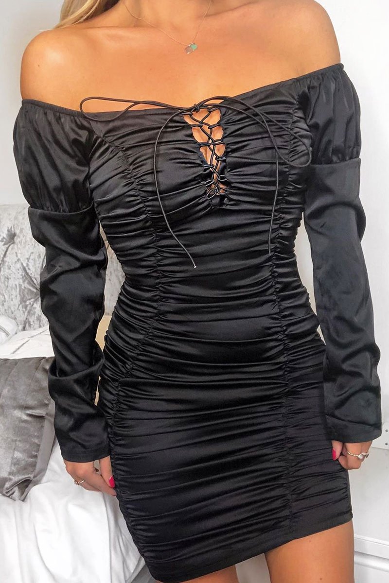 Black Satin Ruched Lace Front Dress - Dania-Dresses