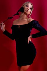 Black Satin Ruched Lace Front Dress - Dania-Dresses