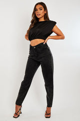 Black Satin Ruched Shoulder Pad Crop Top - Darina-Crop Tops