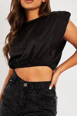 Black Satin Ruched Shoulder Pad Crop Top - Darina-Crop Tops