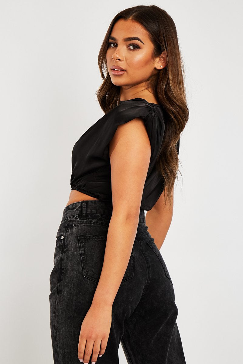 Black Satin Ruched Shoulder Pad Crop Top - Darina-Crop Tops