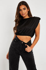 Black Satin Ruched Shoulder Pad Crop Top - Darina-Crop Tops