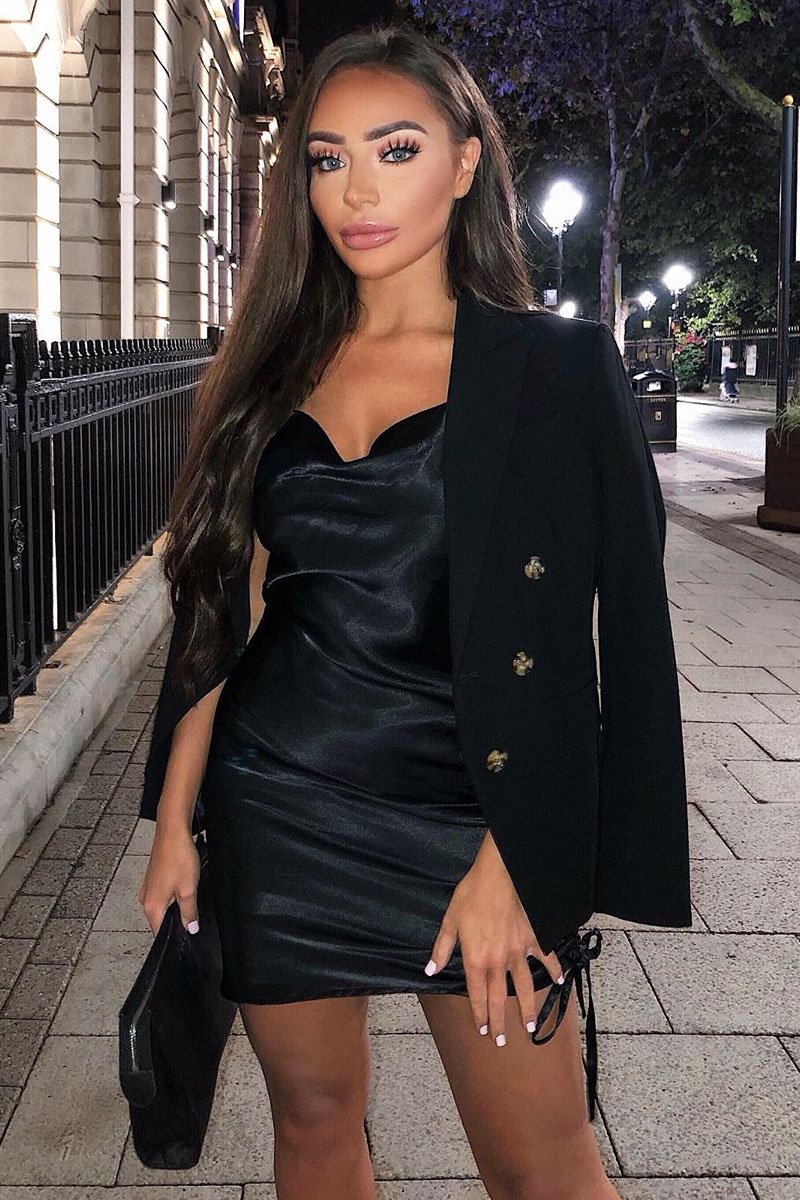 Black Satin Ruched Side Slip Bodycon Dress - Davie-Dresses