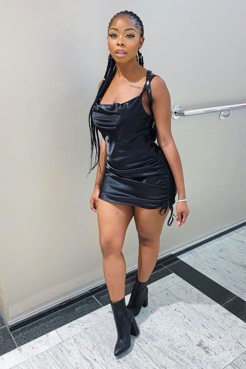 Black Satin Ruched Side Slip Bodycon Dress - Davie-Dresses