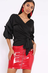 Black Satin Ruffle Sleeve Wrapover Top - Susie-Tops