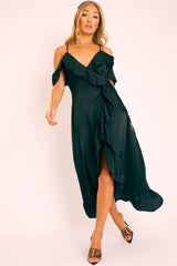 Black Satin Ruffle Wrap Midi Dress - Eiza-Dresses