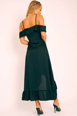 Black Satin Ruffle Wrap Midi Dress - Eiza-Dresses
