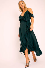 Black Satin Ruffle Wrap Midi Dress - Eiza-Dresses