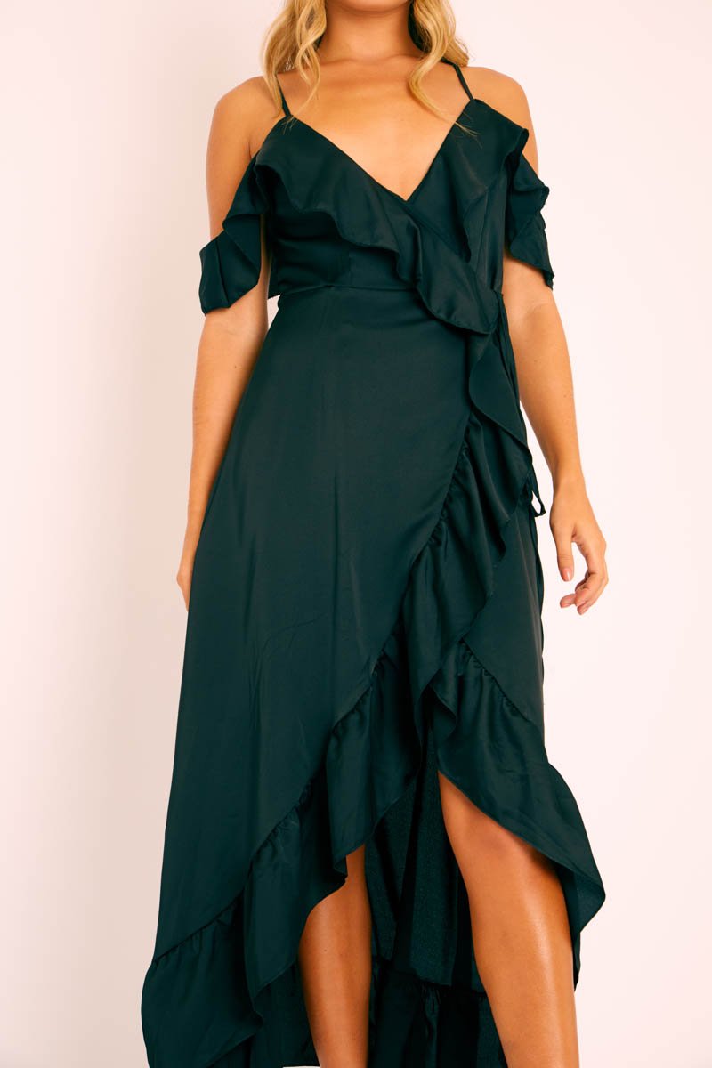 Black Satin Ruffle Wrap Midi Dress