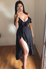 Black Satin Ruffle Wrap Midi Dress - Eiza-Dresses