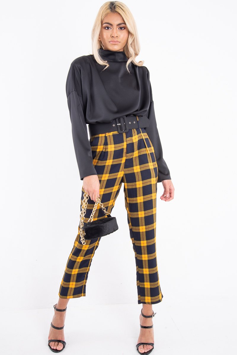 Black Satin Shoulder Pad Shirred Waist Blouse - Farida-Blouse