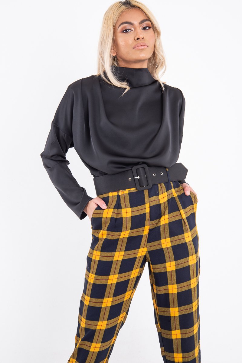 Black Satin Shoulder Pad Shirred Waist Blouse - Farida-Blouse