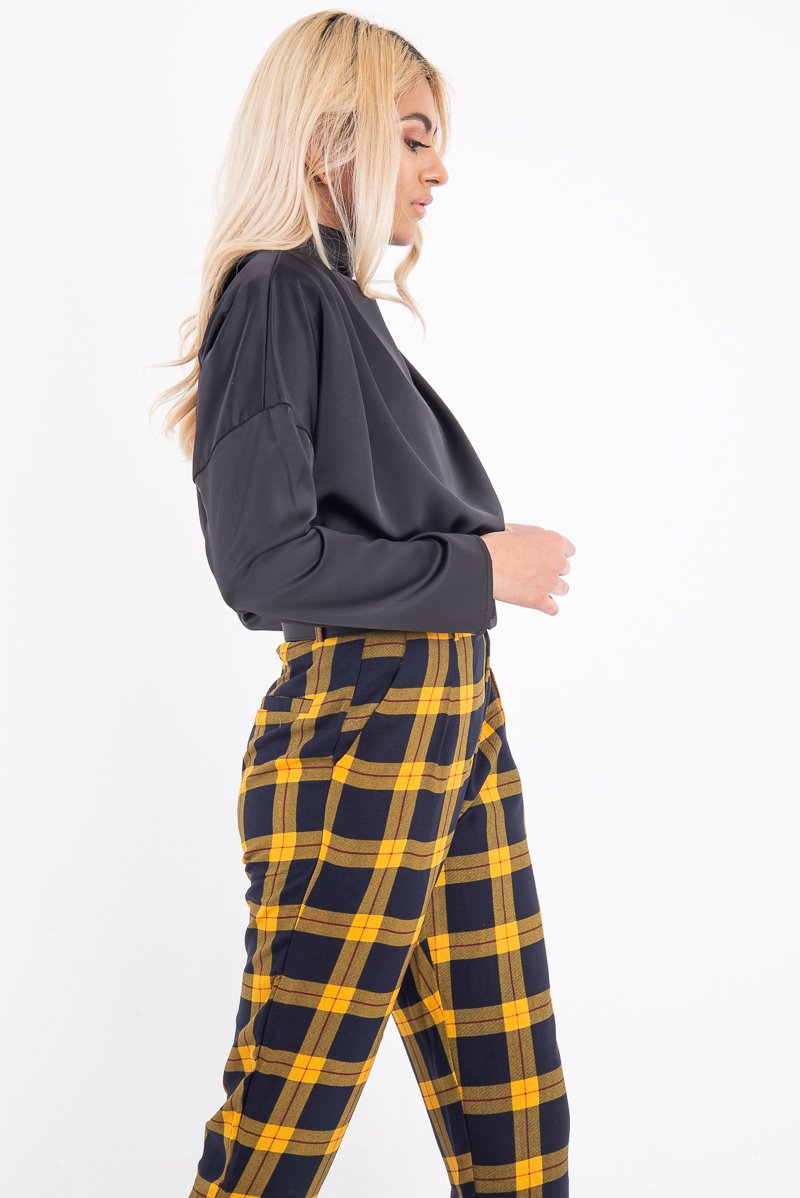 Black Satin Shoulder Pad Shirred Waist Blouse - Farida-Blouse
