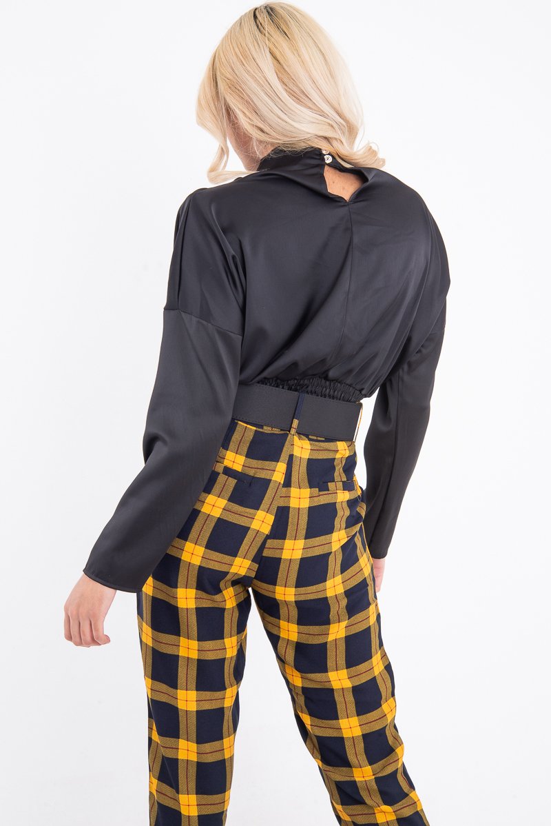 Black Satin Shoulder Pad Shirred Waist Blouse - Farida-Blouse