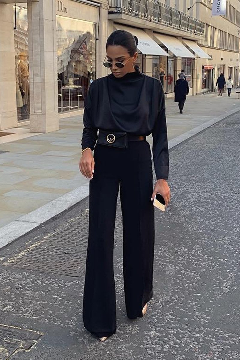 Black Satin Shoulder Pad Shirred Waist Blouse - Farida-Blouse