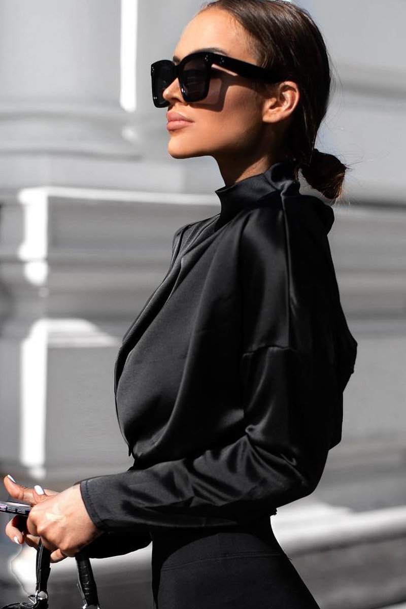 Black Satin Shoulder Pad Shirred Waist Blouse - Farida-Blouse