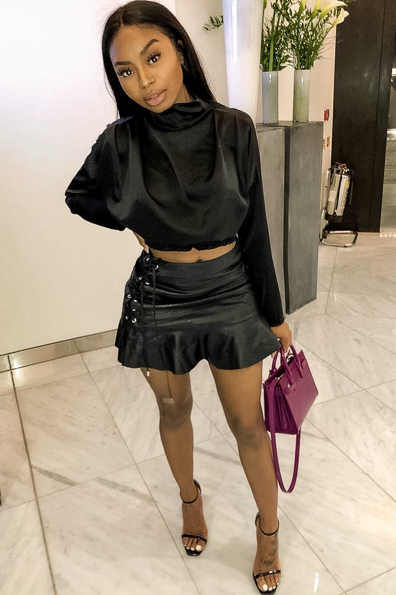 Black Satin Shoulder Pad Shirred Waist Blouse - Farida-Blouse