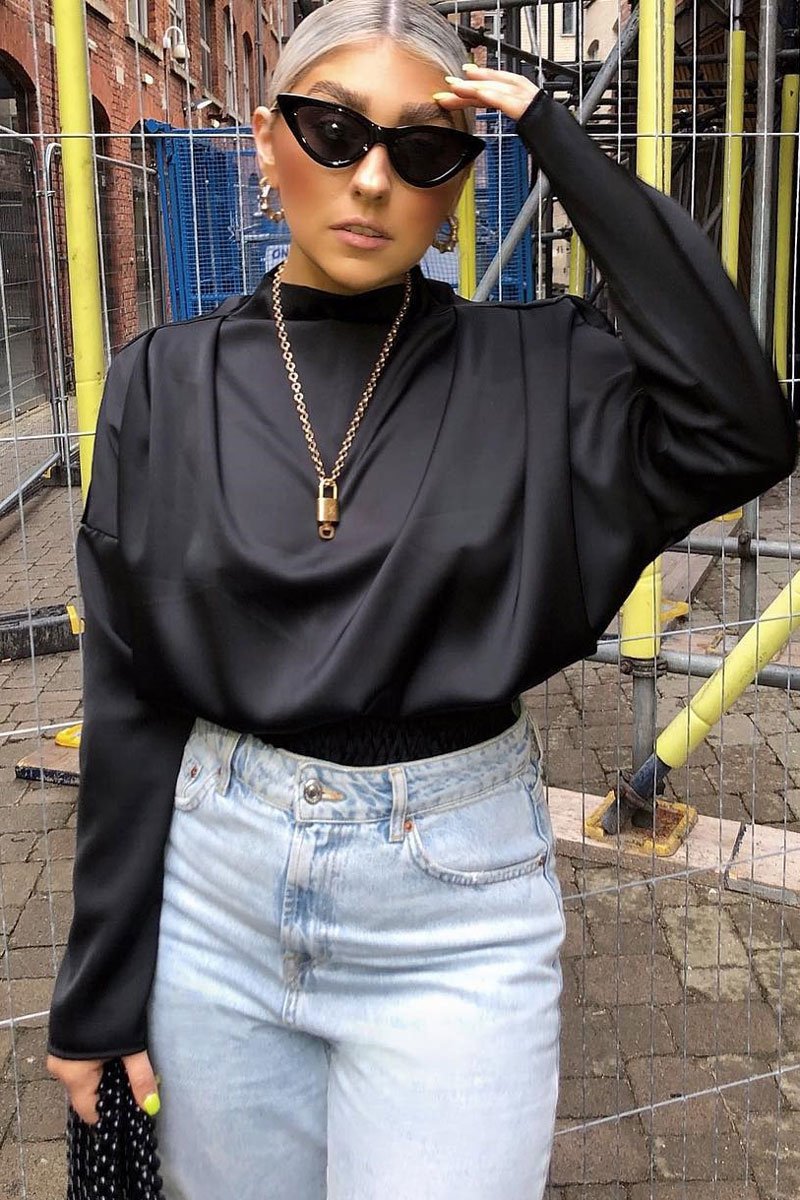 Black Satin Shoulder Pad Shirred Waist Blouse - Farida-Blouse