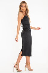 Black Satin Straight Neck Tie Up Midi Dress - Irina-Dresses