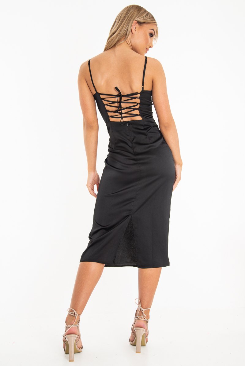 Black Satin Straight Neck Tie Up Midi Dress - Irina-Dresses