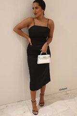 Black Satin Straight Neck Tie Up Midi Dress - Irina-Dresses