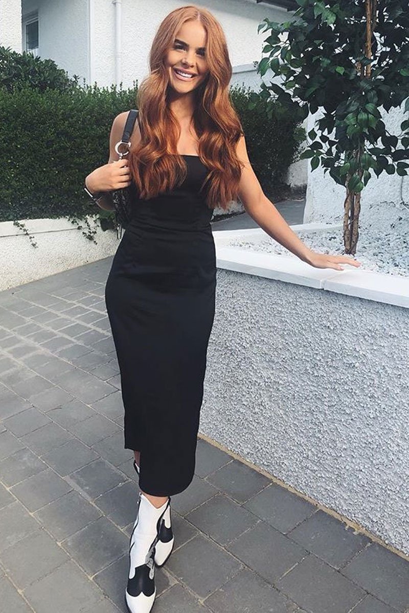 Black Satin Straight Neck Tie Up Midi Dress - Irina-Dresses