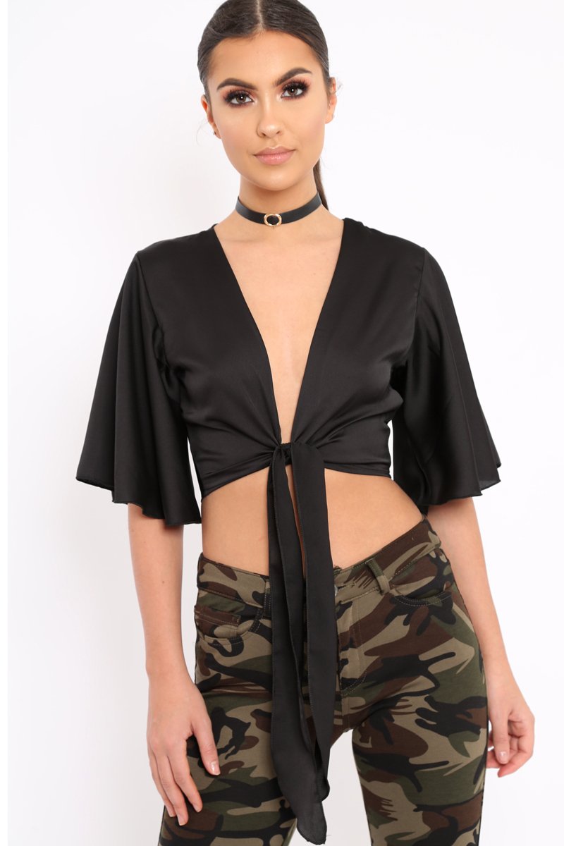 Black Satin Tie Crop Top - Alara-Crop Tops
