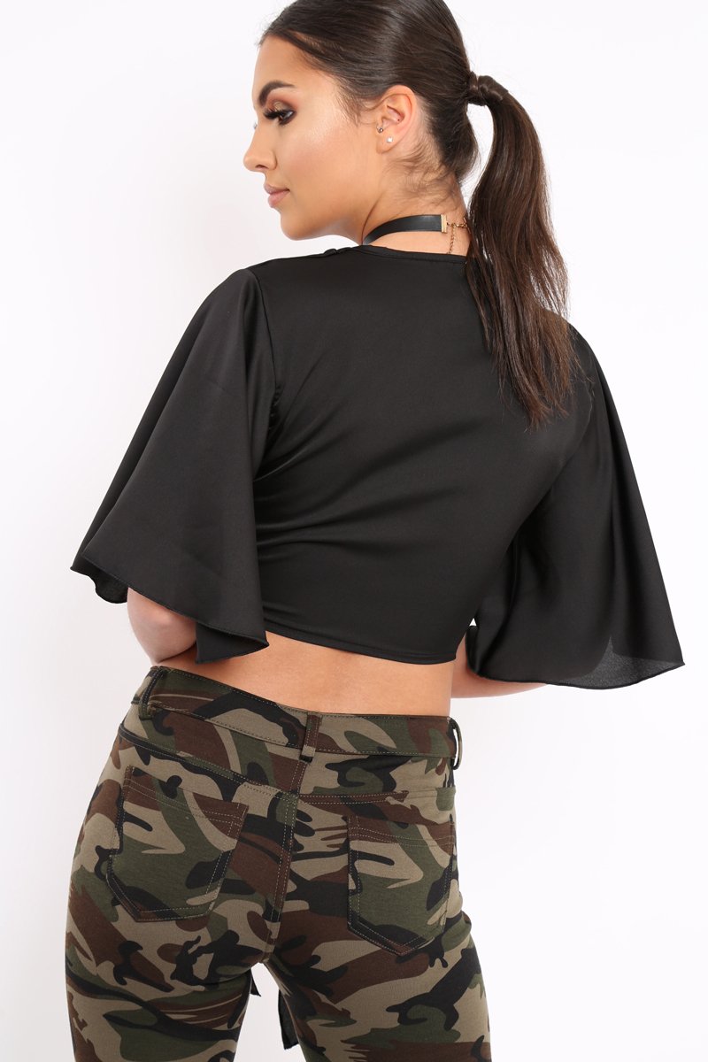 Black Satin Tie Crop Top - Alara-Crop Tops