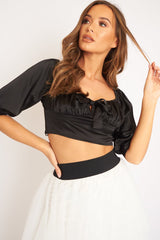 Black Satin Tie Front Crop Top - Jasie-Crop Tops