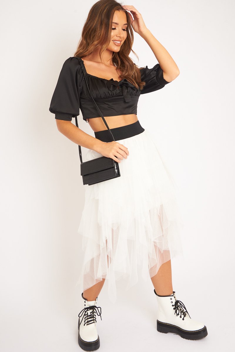 Black Satin Tie Front Crop Top - Jasie-Crop Tops