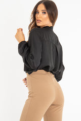 Black Satin Tie Front Long Sleeve Blouse - Cherie-Blouse