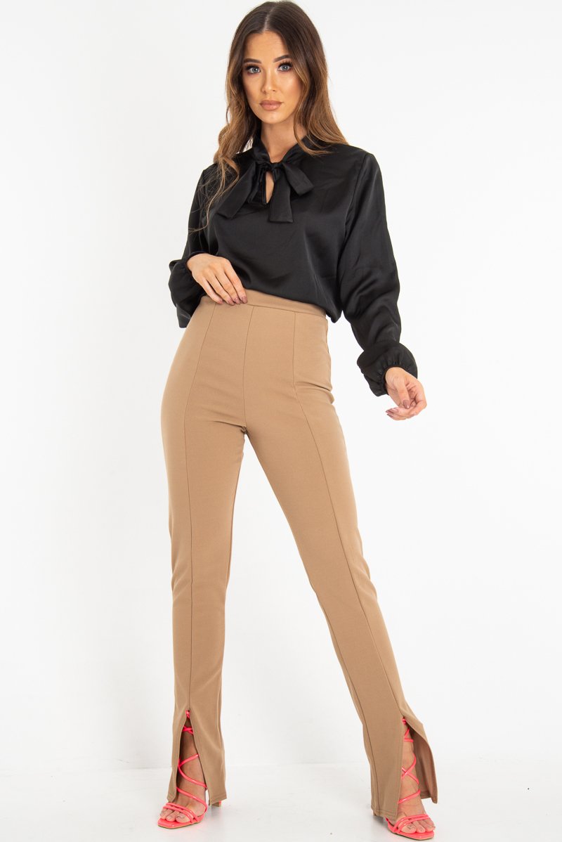 Black Satin Tie Front Long Sleeve Blouse - Cherie-Blouse