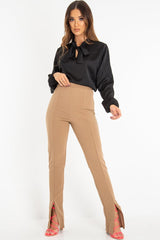 Black Satin Tie Front Long Sleeve Blouse - Cherie-Blouse