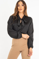 Black Satin Tie Front Long Sleeve Blouse - Cherie-Blouse
