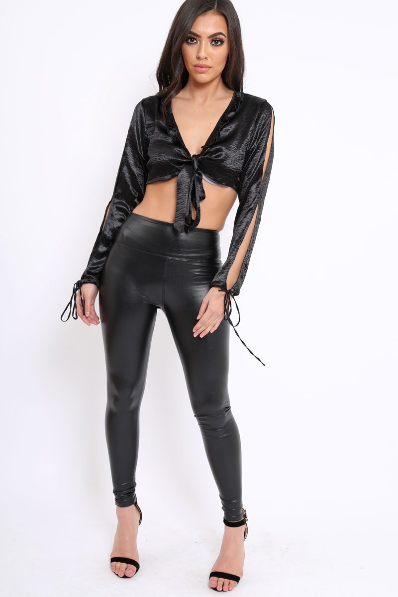 Black Satin Tie Front Top - Gweneth-Crop Tops