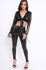 Black Satin Tie Front Top - Gweneth-Crop Tops