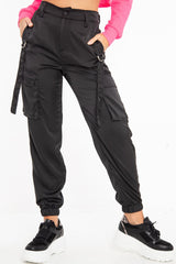 Black Satin Utility Pocket Cuffed Hem Trousers - Delilah-Trousers