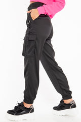 Black Satin Utility Pocket Cuffed Hem Trousers - Delilah-Trousers