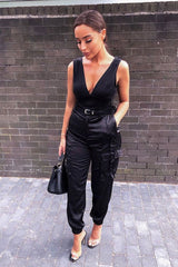 Black Satin Utility Pocket Cuffed Hem Trousers - Delilah-Trousers