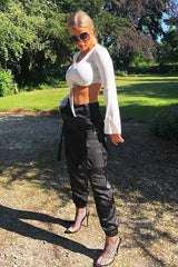 Black Satin Utility Pocket Cuffed Hem Trousers - Delilah-Trousers