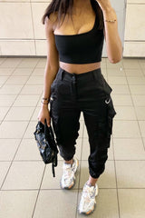 Black Satin Utility Pocket Cuffed Hem Trousers - Delilah-Trousers