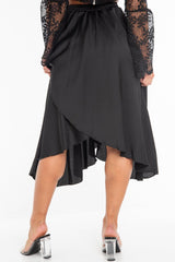 Black Satin Wrap Drawstring Waist Midi Skirt - Scarlett-Skirts