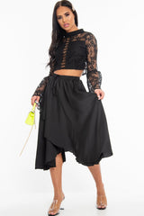 Black Satin Wrap Drawstring Waist Midi Skirt - Scarlett-Skirts