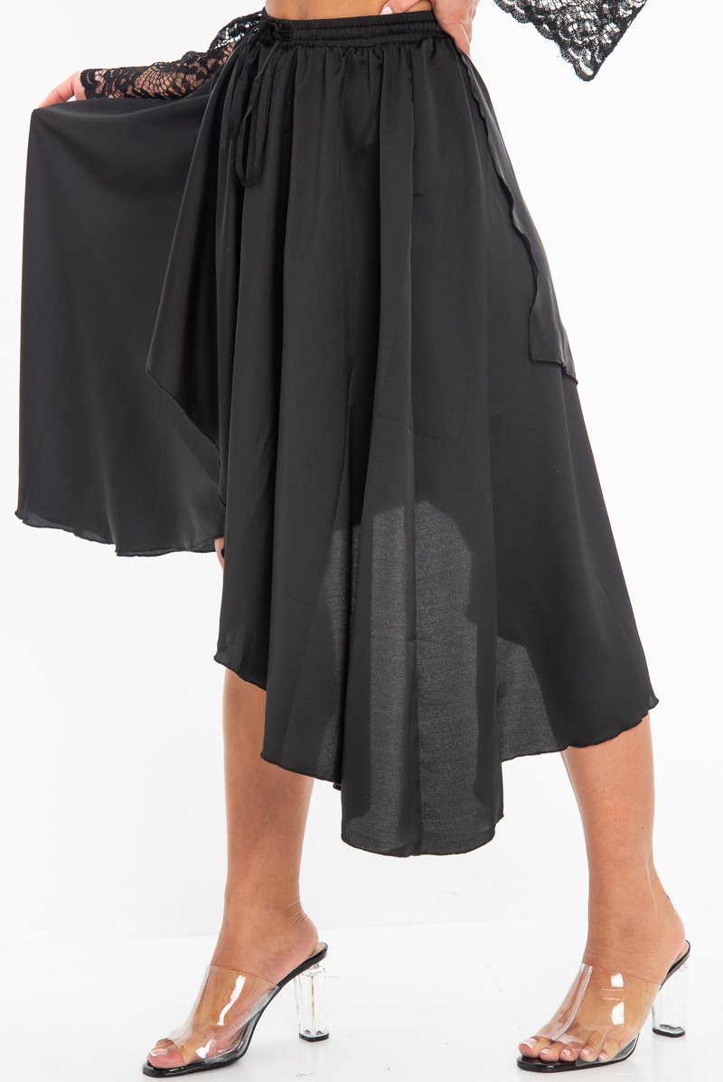 Black Satin Wrap Drawstring Waist Midi Skirt - Scarlett-Skirts