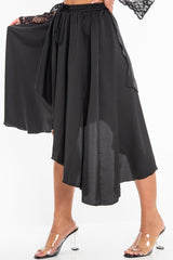 Black Satin Wrap Drawstring Waist Midi Skirt - Scarlett-Skirts