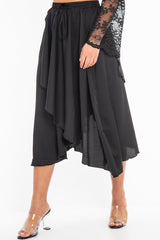 Black Satin Wrap Drawstring Waist Midi Skirt - Scarlett-Skirts